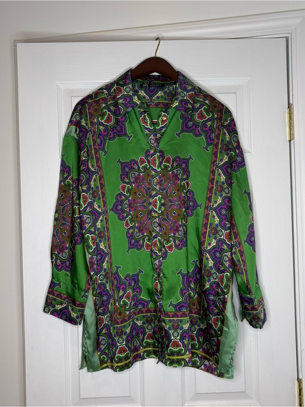 Zara Green Paisley-Print Lightweight Shirt Jacket sz medium